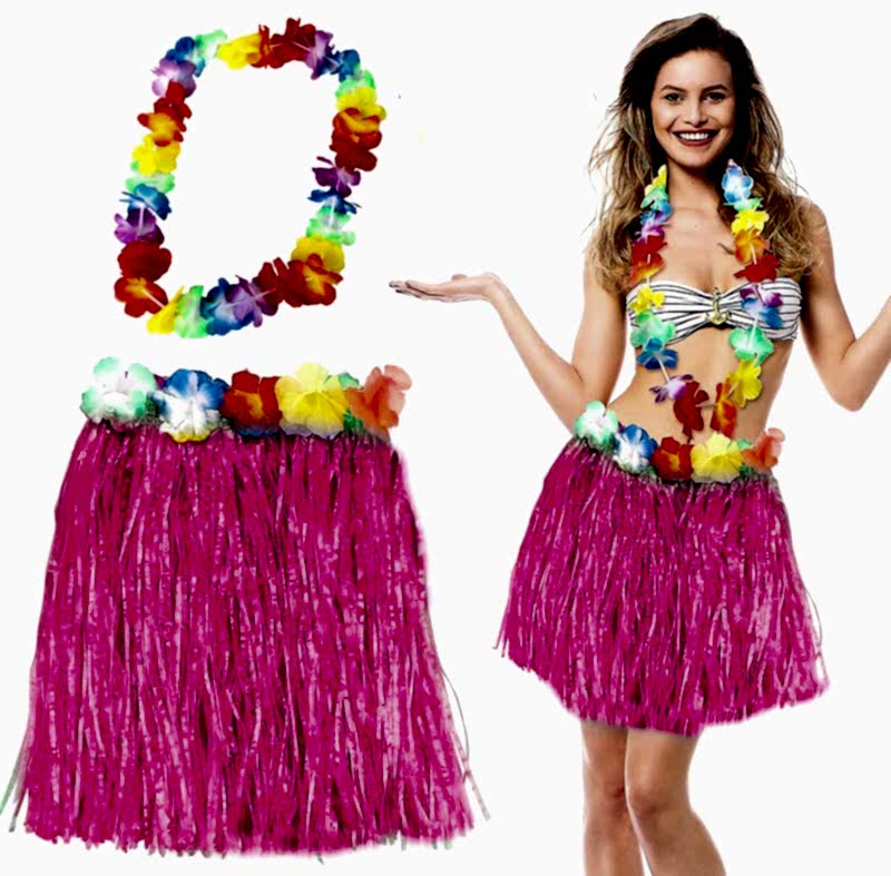 Hawaii Luau ha Pembe Püsküllü 40 cm Etek ve Hawaii Kolye Seti