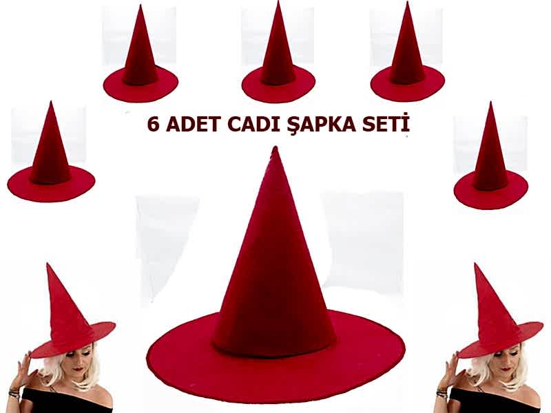 Kırmızı Renk Keçe Cadı Şapkası Yetişkin Çuk Uyumlu 6 Adet