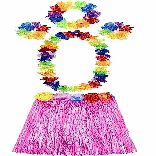 Yetişkin ve Çuk Uyumlu Luau ha Hawaii Pembe Etek ve Renkli Kolye Taç 2 Adet Bileklik Seti