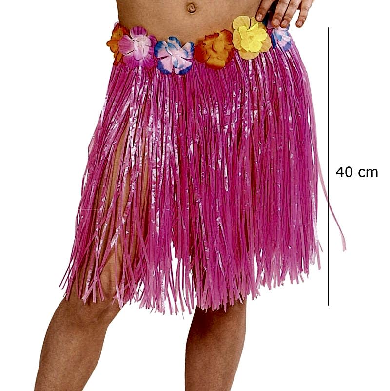 Yetişkin ve Çuk Uyumlu Pembe Renk Püsküllü Hawaii Luau Hula Etek 40 cm