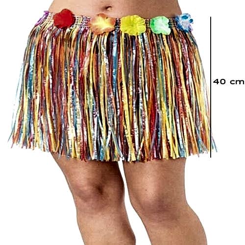 Yetişkin ve Çuk Uyumlu Rengarenk Püsküllü Hawaii Luau Hula Etek 40 cm